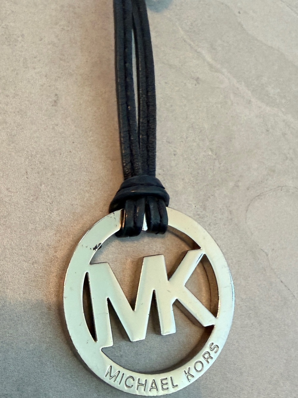 Michael Kors Silver Tone And Black Leather Bag Charm, Preowned